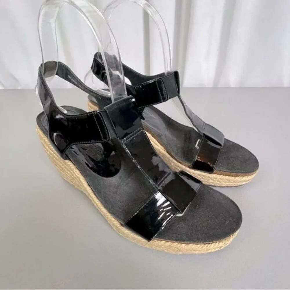 DONALD J PLINER WOMENS BLACK PATENT LEATHER STYLE WEDGE ESPADRILLES SIZE 7.5 N